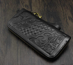 Black Tooled Leather Men's Zipper Long Wallet Biker Wallet Biker Chain Wallet For Men - iwalletsmen