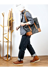 Black Vintage Leather Men Womens Large Tote Bag Brown Shoulder Tote Bag Shopper Tote For Men - iwalletsmen