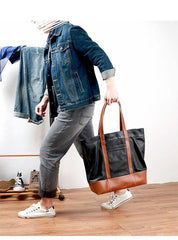 Black Vintage Leather Men Womens Large Tote Bag Brown Shoulder Tote Bag Shopper Tote For Men - iwalletsmen