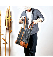 Black Vintage Leather Men Womens Large Tote Bag Brown Shoulder Tote Bag Shopper Tote For Men - iwalletsmen