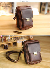 Black Vintage Leather Mens Mini Messenger Bag Waist Bag Dark Brown Belt Pouch Bag For Men - iwalletsmen
