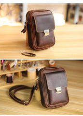 Black Vintage Leather Mens Mini Messenger Bag Waist Bag Dark Brown Belt Pouch Bag For Men - iwalletsmen