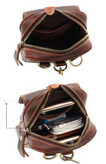 Black Vintage Leather Mens Mini Messenger Bag Waist Bag Dark Brown Belt Pouch Bag For Men - iwalletsmen