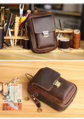 Black Vintage Leather Mens Mini Messenger Bag Waist Bag Dark Brown Belt Pouch Bag For Men - iwalletsmen