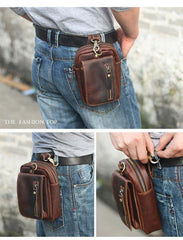 Black Vintage Leather Mens Belt Pouch Belt Bag Hip Pouch Waist Bags Dark Brown For Men - iwalletsmen
