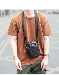 Black Vintage Leather Mens Small MIni Postman Shoulder Bag Phone Messenger Bag For Men - iwalletsmen