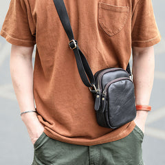Black Vintage Leather Mens Small MIni Postman Shoulder Bag Phone Messenger Bag For Men - iwalletsmen