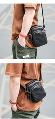 Black Vintage Leather Mens Small MIni Postman Shoulder Bag Phone Messenger Bag For Men - iwalletsmen