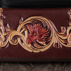 Black Tooled Leather Men's Bifold Long Zipper Wallet Clutch Bag Red For Women - iwalletsmen