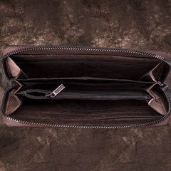 Black Tooled Leather Men's Bifold Long Zipper Wallet Clutch Bag Red For Women - iwalletsmen