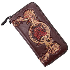 Black Tooled Leather Men's Bifold Long Zipper Wallet Clutch Bag Red For Women - iwalletsmen