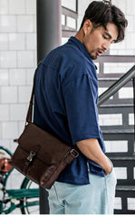 Black Wrinkled Leather Mens Small Side Bag Messenger Bags Brown Courier Bag Bicycle Bags for Men - iwalletsmen