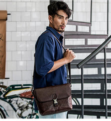 Black Wrinkled Leather Mens Small Side Bag Messenger Bags Brown Courier Bag Bicycle Bags for Men - iwalletsmen