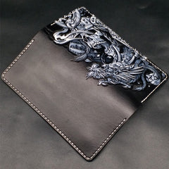 Black Handmade Tooled Japanese Samurai Skull Leather Mens Long Wallet Bifold Long Wallet For Men - iwalletsmen