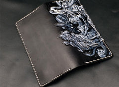 Black Handmade Tooled Japanese Samurai Skull Leather Mens Long Wallet Bifold Long Wallet For Men - iwalletsmen