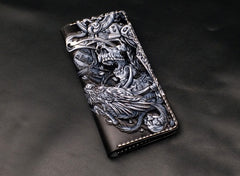 Black Handmade Tooled Indian Chief Skull Leather Mens Long Wallet Bifold Long Wallet For Men - iwalletsmen