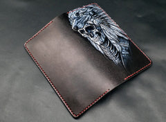 Black Handmade Tooled Indian Chief Skull Leather Mens Long Wallet Bifold Long Wallet For Men - iwalletsmen
