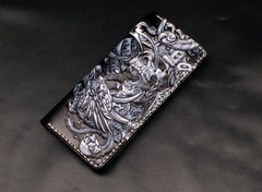 Black Handmade Tooled Indian Chief Skull Leather Mens Long Wallet Bifold Long Wallet For Men - iwalletsmen