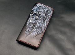 Black Handmade Tooled Indian Chief Skull Leather Mens Long Wallet Bifold Long Wallet For Men - iwalletsmen