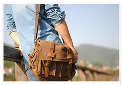 Khaki Canvas Leather Large Messenger Bag Crossbody Bag Khaki Canvas Satchel Bag For Men - iwalletsmen
