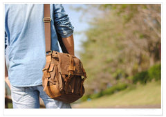 Khaki Canvas Leather Large Messenger Bag Crossbody Bag Khaki Canvas Satchel Bag For Men - iwalletsmen
