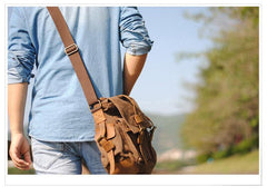 Khaki Canvas Leather Large Messenger Bag Crossbody Bag Khaki Canvas Satchel Bag For Men - iwalletsmen