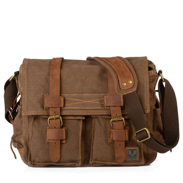Coffee Canvas Leather Large Messenger Bag Crossbody Bag Coffee Canvas Satchel Bag For Men - iwalletsmen
