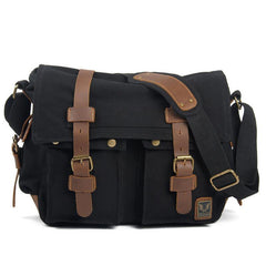 Black Gray Canvas Leather Large Messenger Bag Crossbody Bag Black Gray Canvas Satchel Bag For Men - iwalletsmen