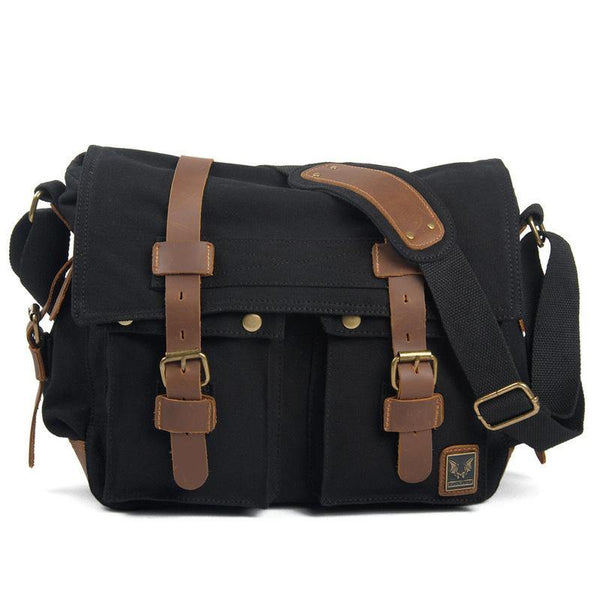 Black Canvas Leather Large Messenger Bag Crossbody Bag Black Blue Canvas Satchel Bag For Men - iwalletsmen