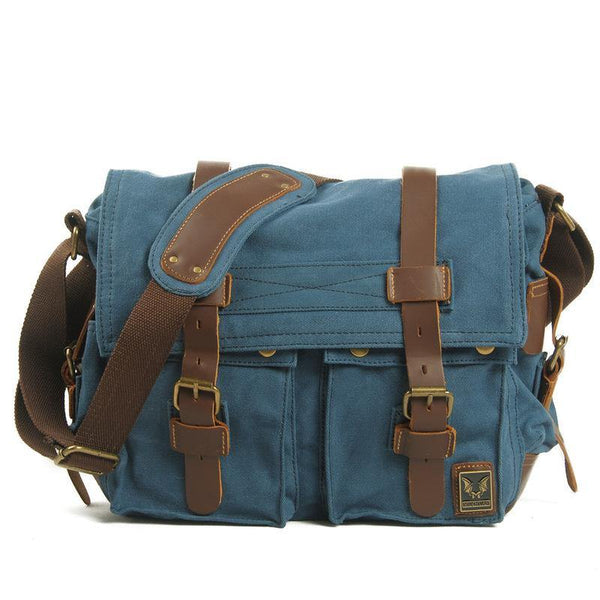 Blue Canvas Leather Large Messenger Bag Crossbody Bag Black Blue Canvas Satchel Bag For Men - iwalletsmen