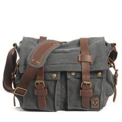 Black Gray Canvas Leather Large Messenger Bag Crossbody Bag Black Gray Canvas Satchel Bag For Men - iwalletsmen