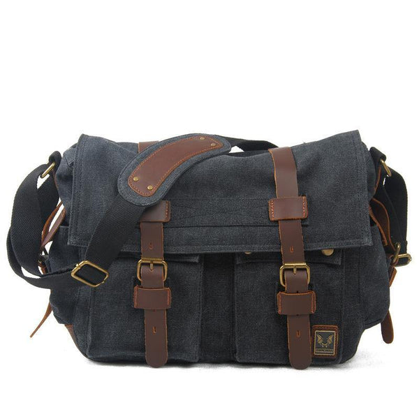 Black Gray Canvas Leather Large Messenger Bag Crossbody Bag Black Gray Canvas Satchel Bag For Men - iwalletsmen