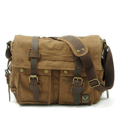 Khaki Canvas Leather Large Messenger Bag Crossbody Bag Khaki Canvas Satchel Bag For Men - iwalletsmen
