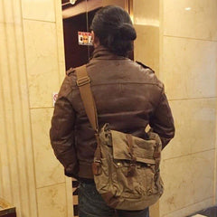 Khaki Canvas Leather Large Messenger Bag Crossbody Bag Khaki Canvas Satchel Bag For Men - iwalletsmen