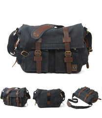 Black Gray Canvas Leather Large Messenger Bag Crossbody Bag Black Gray Canvas Satchel Bag For Men - iwalletsmen