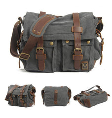 Black Gray Canvas Leather Large Messenger Bag Crossbody Bag Black Gray Canvas Satchel Bag For Men - iwalletsmen
