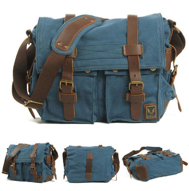 Khaki Canvas Leather Large Messenger Bag Crossbody Bag Khaki Canvas Satchel Bag For Men - iwalletsmen