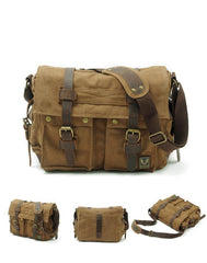 Khaki Canvas Leather Large Messenger Bag Crossbody Bag Khaki Canvas Satchel Bag For Men - iwalletsmen