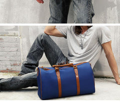 Blue Nylon Leather Mens Travel Bag Weekender Bag Sports Shoulder Bag Large Travel Bag for Men - iwalletsmen
