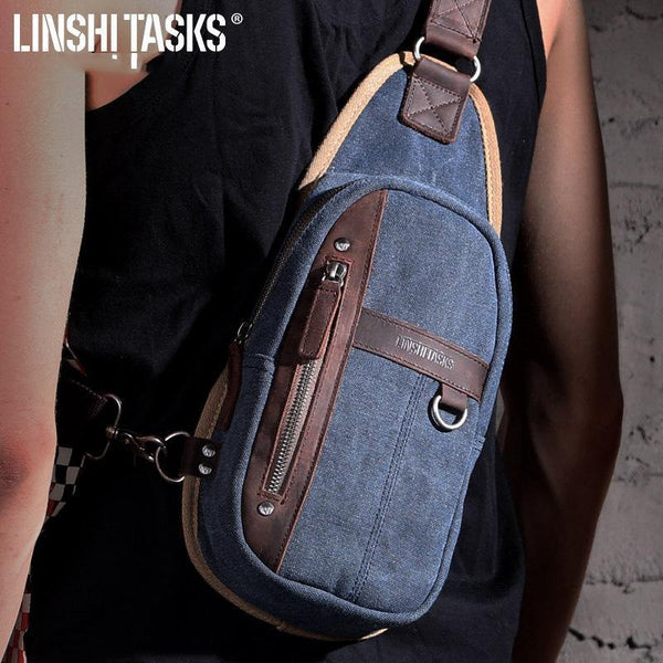 Blue Canvas Sling Backpack Men's Sling Bag Khaki Chest Bag Canvas One shoulder Backpack For Men - iwalletsmen