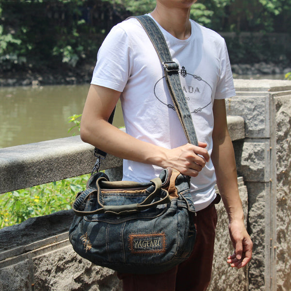 Blue Denim Mens Casual Messenger Bags Jean Fashion Side Bags Courier Bag For Men - iwalletsmen