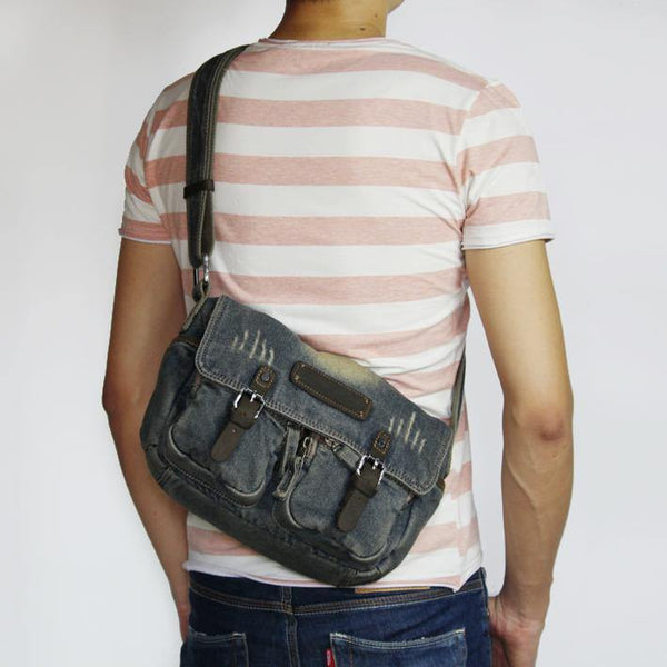 Blue Denim Mens Casual 10 inches Messenger Bag Jean Small Postman Bag Courier Bag For Men - iwalletsmen