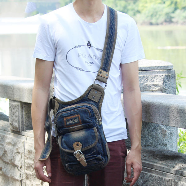 Blue Denim Mens Casual Small Side Bag Vertical Messenger Bags Jean Courier Bag For Men - iwalletsmen