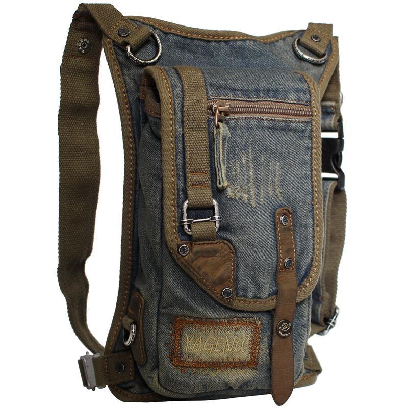 Blue Denim Canvas Mens Biker Waist Bag DropLeg Bag Belt Pouch Small Messenger Bag For Men - iwalletsmen