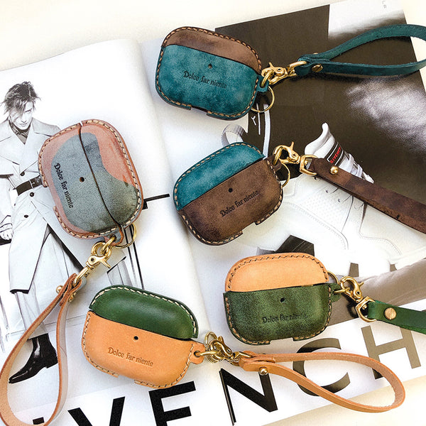 Leather AirPods Pro Case with Wristlet Strap Contrast Color Leather AirPods Case Airpod Case Cover - iwalletsmen