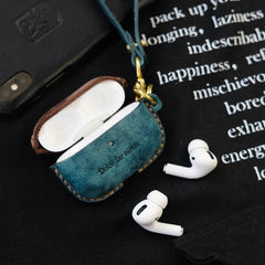 Green Leather AirPods Pro Case with Wristlet Strap Contrast Color Leather AirPods Case Airpod Case Cover - iwalletsmen