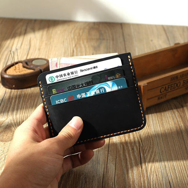 Black Leather Mens Front Pocket Wallet Personalized Handmade Slim Card Wallets for Men - iwalletsmen