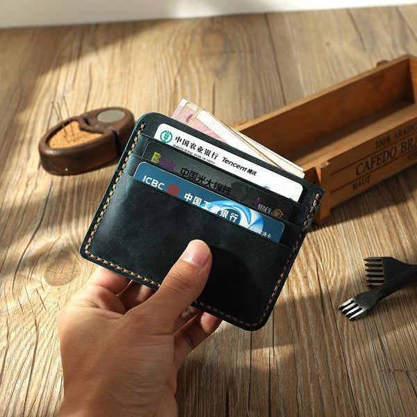 Blue Leather Mens Front Pocket Wallet Personalized Handmade Slim Card Wallets for Men - iwalletsmen