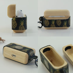 Green Pineapple Spotted Wood Leather AirPods Pro Case with Strap Leather 1,2 AirPods Case Airpod Case Cover - iwalletsmen