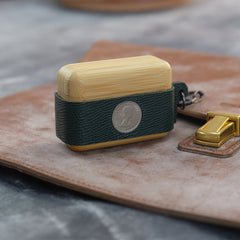 Green  Spotted Wood Leather AirPods Pro Case with Strap Leather 1,2 AirPods Case Airpod Case Cover - iwalletsmen